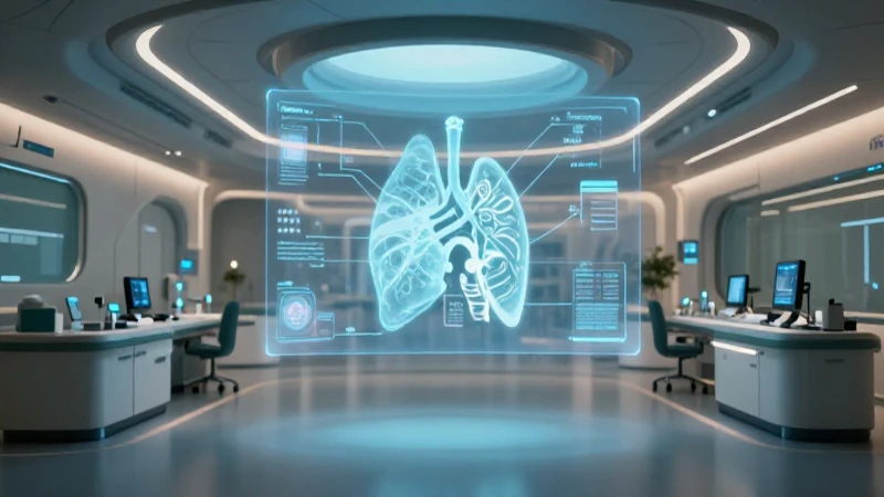 Hospital futurista con proyección holográfica y luz suave