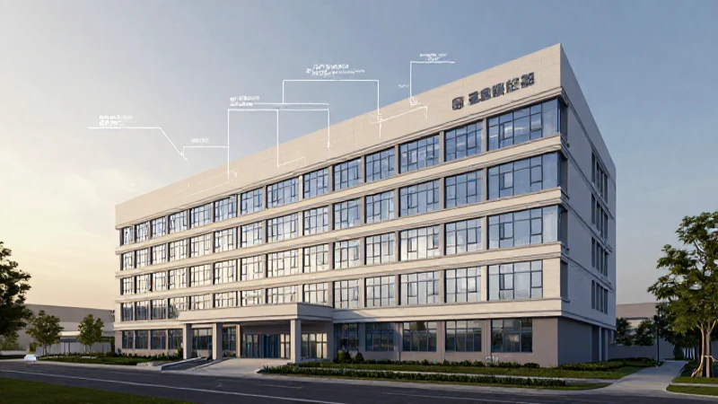 Edificio hospitalario iluminado con diagrama arquitectónico