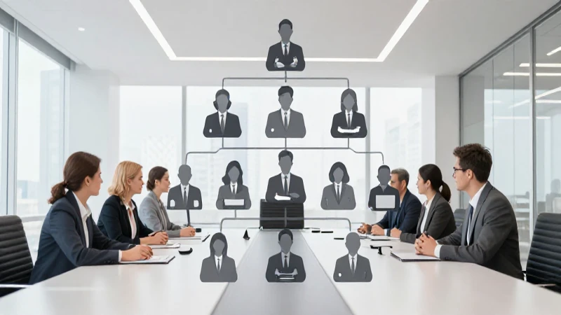 Reunión corporativa formal con estructura jerárquica