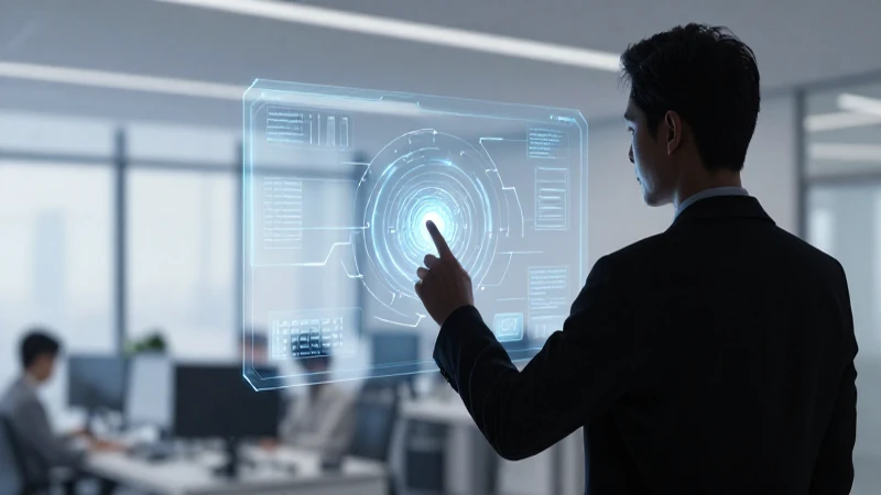 Empleado interactúa con diagrama holográfico moderno