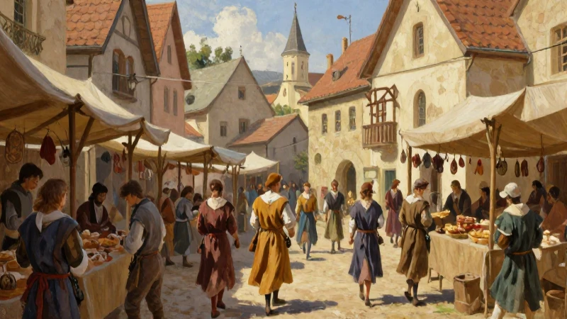 Mercado medieval, vibrante bajo luz cálida