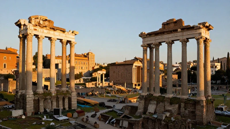 Foro romano con columnas griegas a contraluz