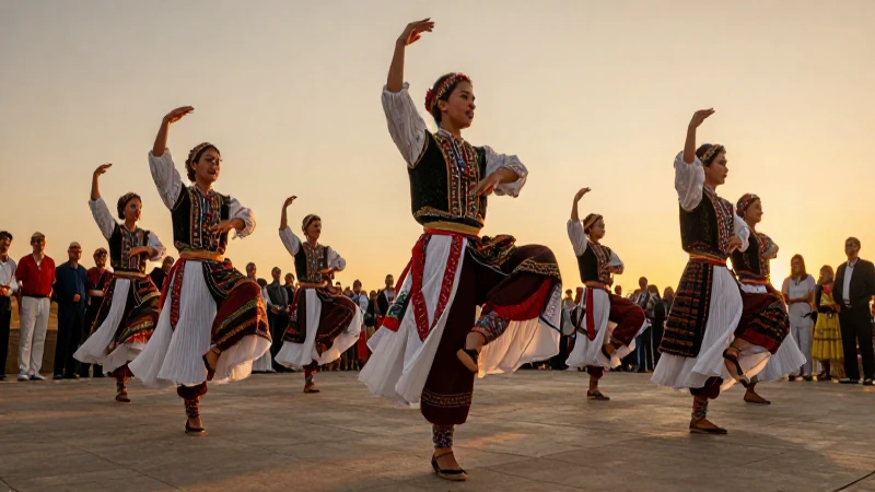 Bailarines folclóricos brillan al atardecer