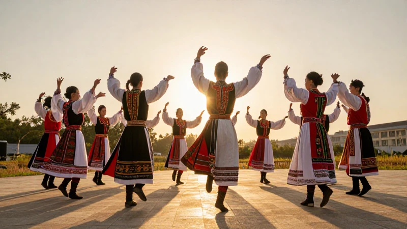 Bailarines danzan con trajes tradicionales al atardecer
