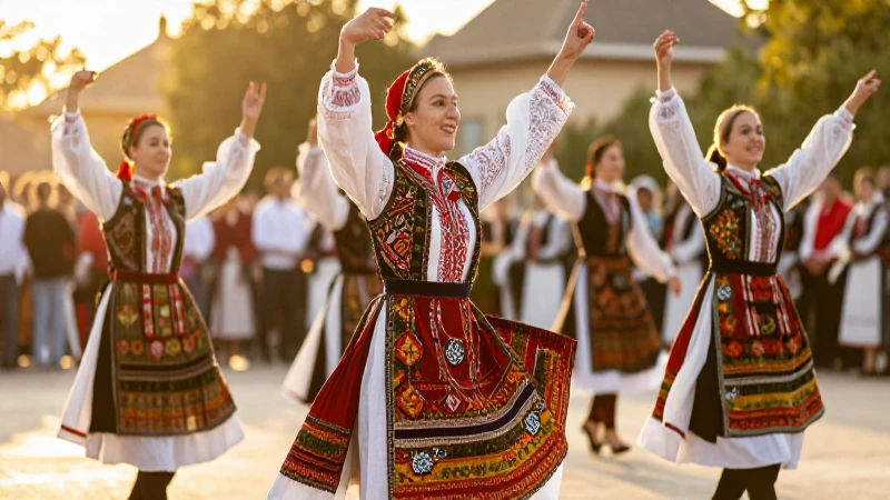 Bailarines folclóricos resplandecientes al atardecer