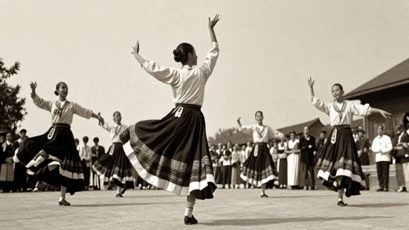 Bailarines tradicionales en foto documental sepia