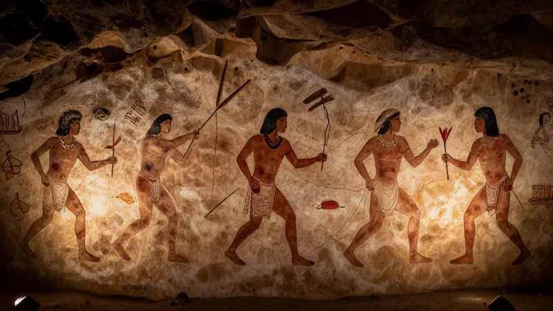 Bailarines prehistóricos pintados con luz dramática