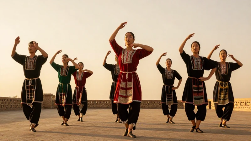 Bailarines con trajes tradicionales al atardecer