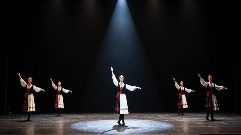 Bailarines folclóricos ante luz dramática y escénica