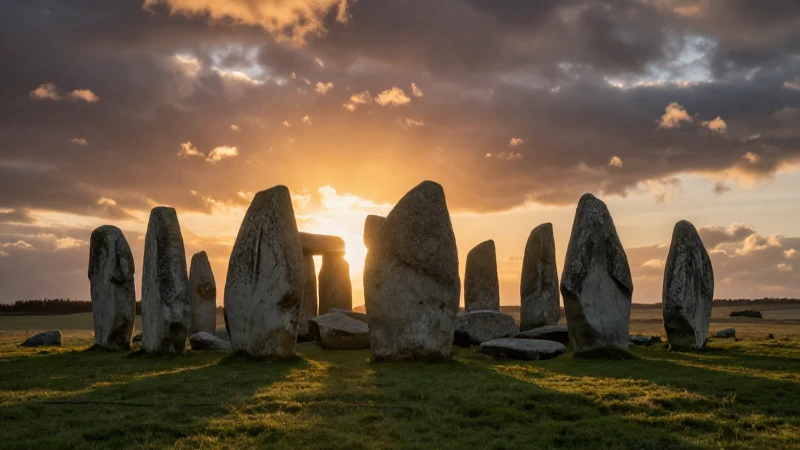 Agricultores neolíticos bajo círculos pétreos al atardecer