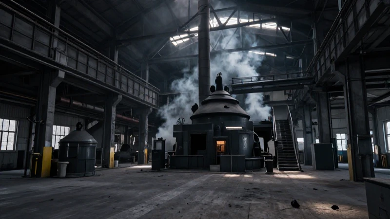 Interior industrial oscuro, realismo áspero y dramático