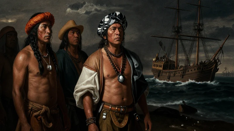 Figuras indígenas ante barco español, tenebroso