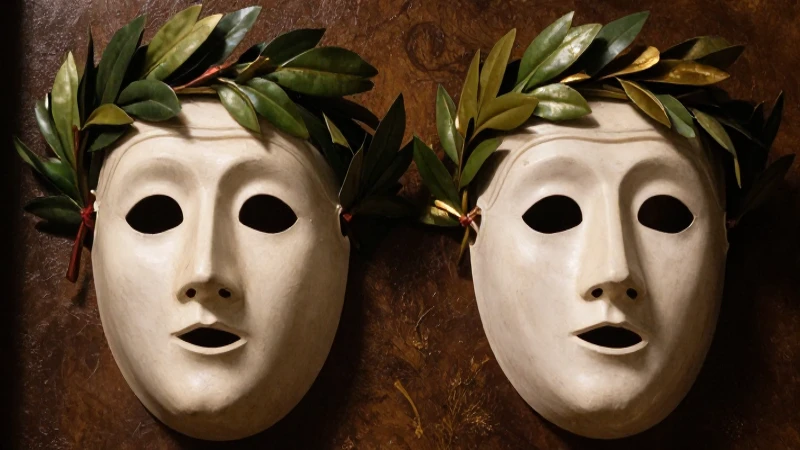 Máscaras teatrales renacentistas bajo luz dorada
