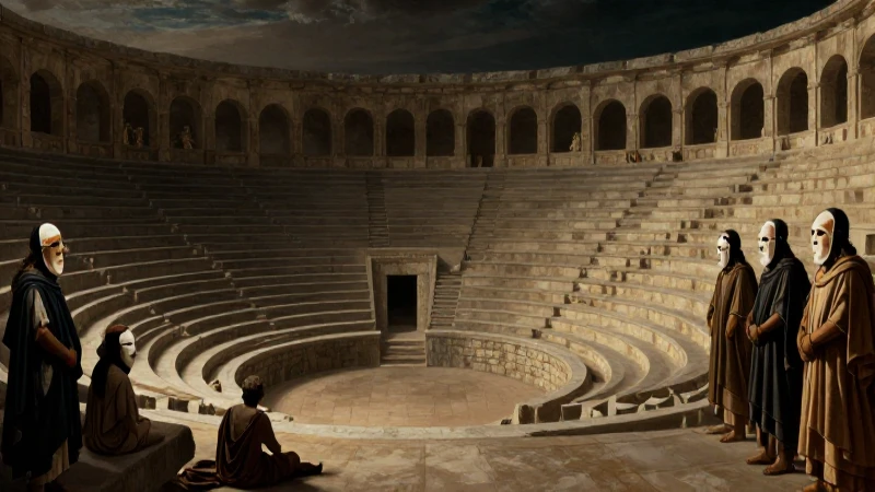 Teatro griego dramático, con luces y máscaras