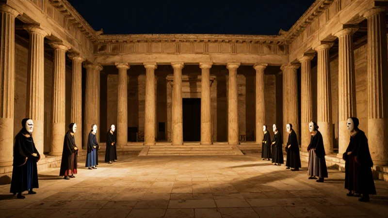 Teatro griego antiguo con luz dorada dramática