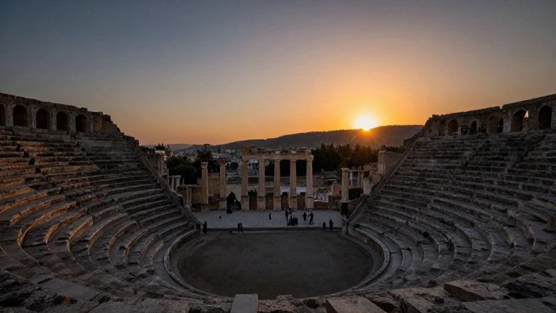 Ruinas griegas, actores en sombra al atardecer