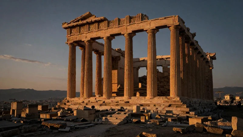 Ruinas antiguas bajo luz cinematográfica al atardecer