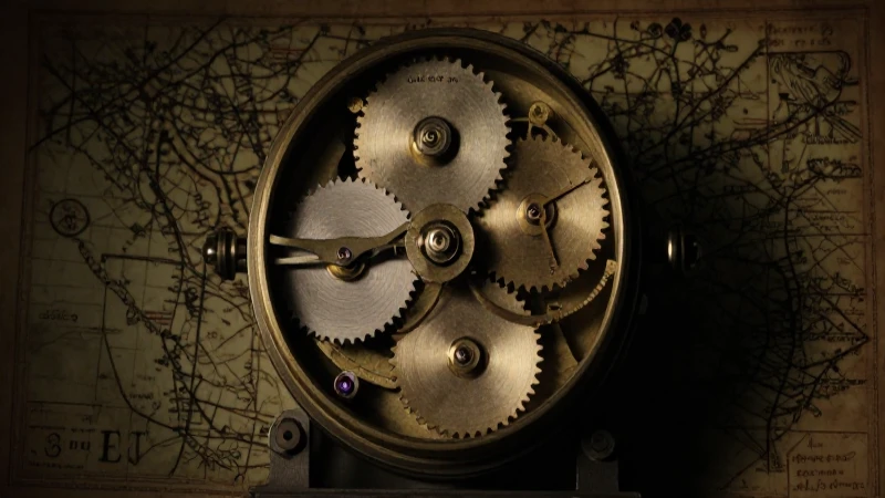 Reloj antiguo con mapa, sombras dramáticas