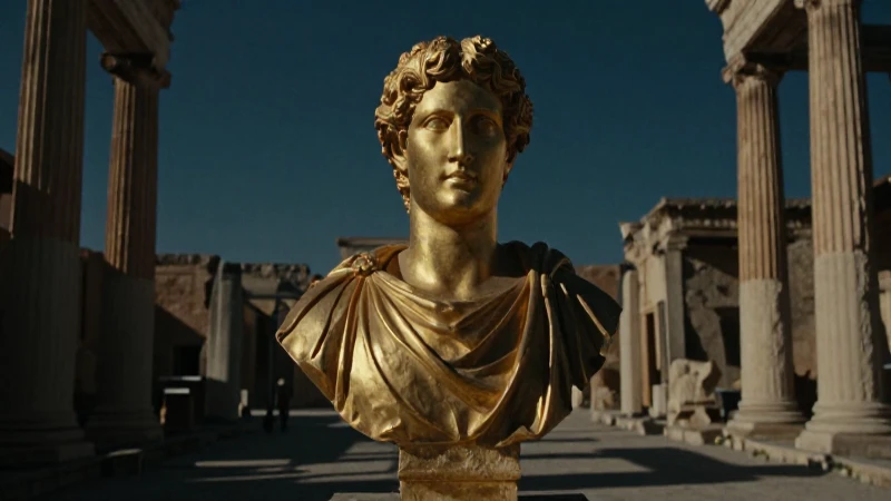 Busto griego dorado contra ruinas antiguas