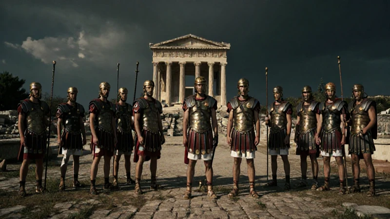 Legionarios romanos frente a ruinas griegas