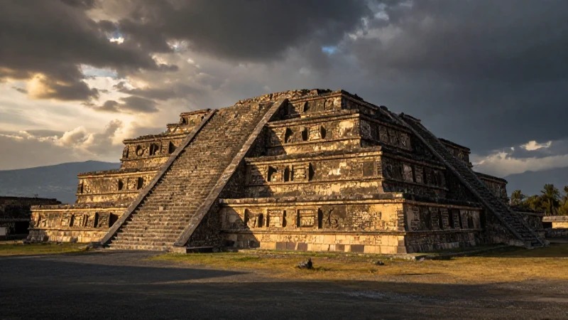 Pirámide tolteca iluminada al atardecer con realismo