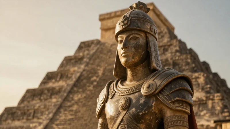 Guerrero tolteca ante pirámide al atardecer