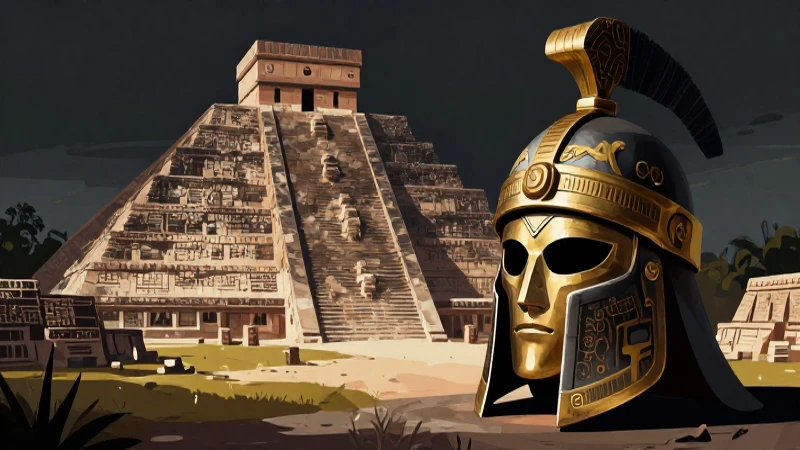 Casco guerrero toltéco, ruinas y dramatismo