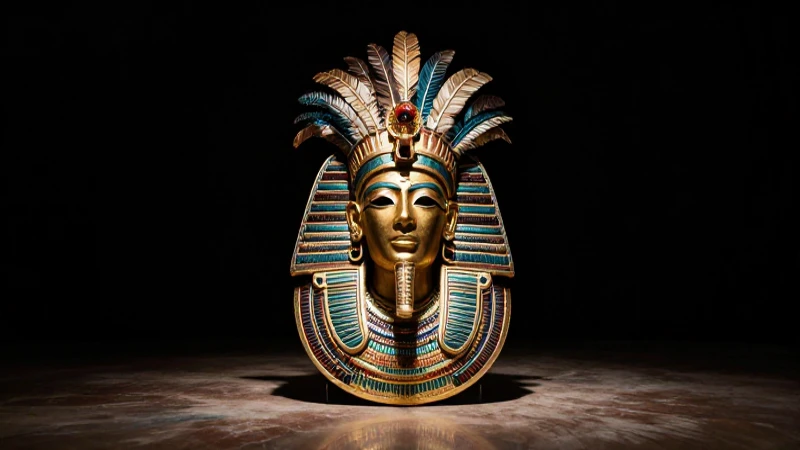 Emperador azteca en máscara dorada, teatralmente iluminado