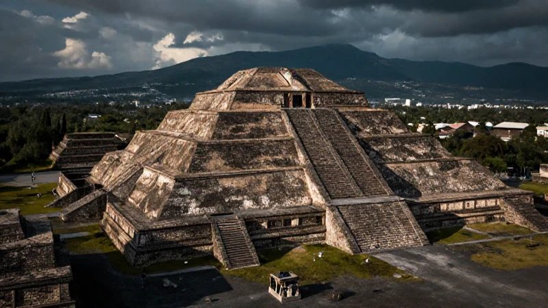 Línea de Tiempo del Periodo Preclásico, Clásico y Posclásico 6 Ruinas antiguas bajo iluminación cinematográfica aérea