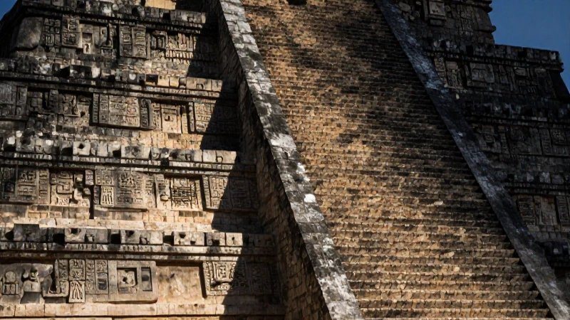 Línea de Tiempo del Periodo Preclásico, Clásico y Posclásico 8 Piramid maya con relieves iluminados dramáticamente