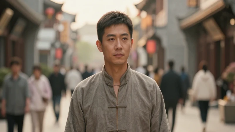 Hombre chino en ciudad, luz dorada cinematográfica