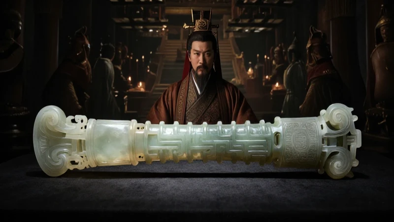 Rey chino, cetro jade, luz dramática épica
