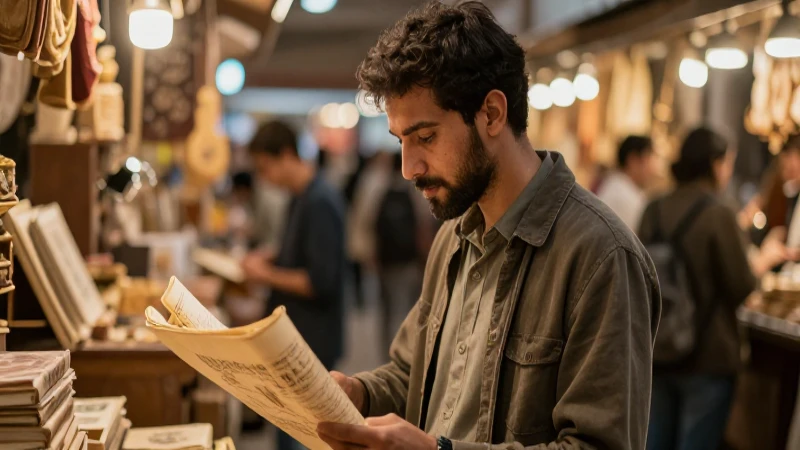 Erudito estudia pergaminos en mercado iluminado