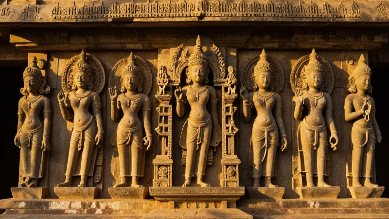 Escultura india antigua con luz dorada