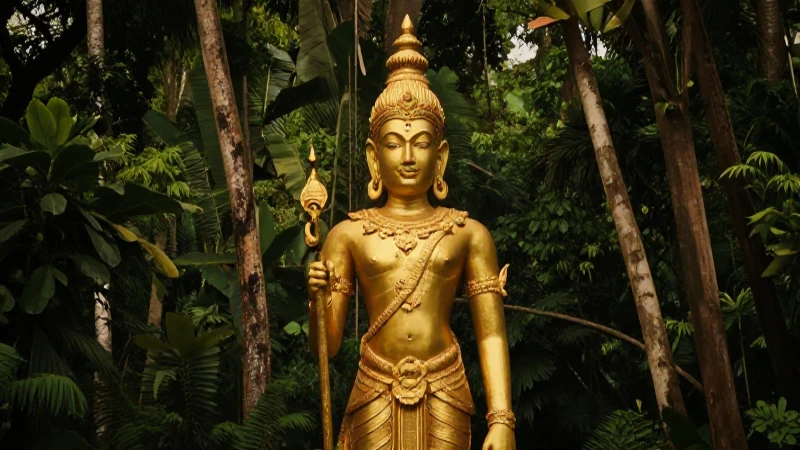 Estatuilla dorada en bosque indio antiguo