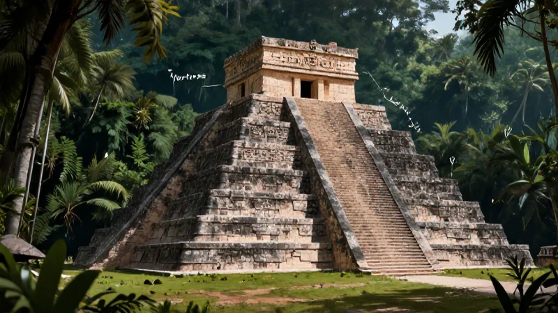 Pirámide maya en selva, iluminación cinematográfica