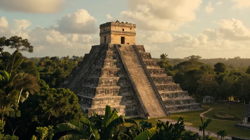 Pirámide maya bañada por luz dorada