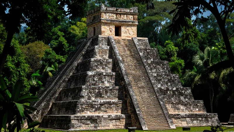 Pirámide maya en exuberante selva iluminada