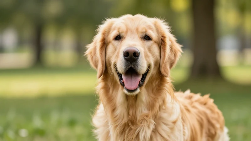 Retriever feliz, parque soleado, enfoque suave