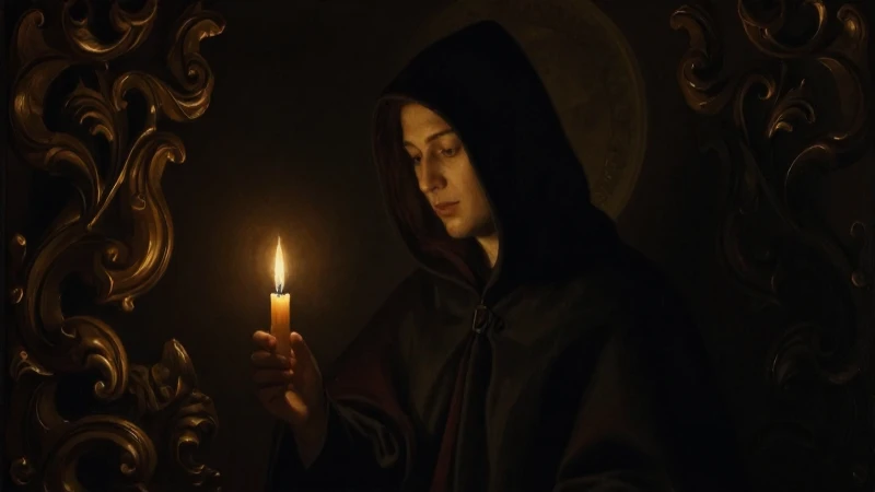 Figura encapuchada bajo luz de velas oscuras