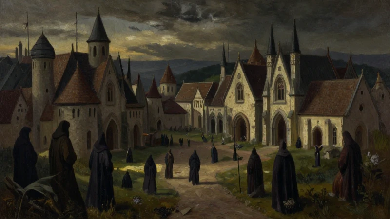 Pueblo medieval oscuro, figuras encapuchadas, pintura al óleo