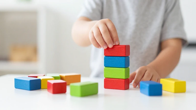 Niño juega con bloques de madera coloridos