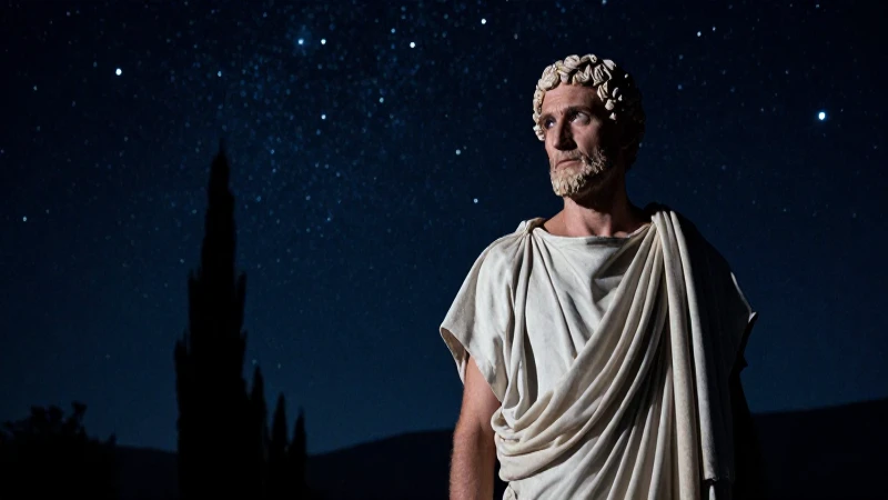 Filósofo griego, cielo estrellado, clarooscuro dramático