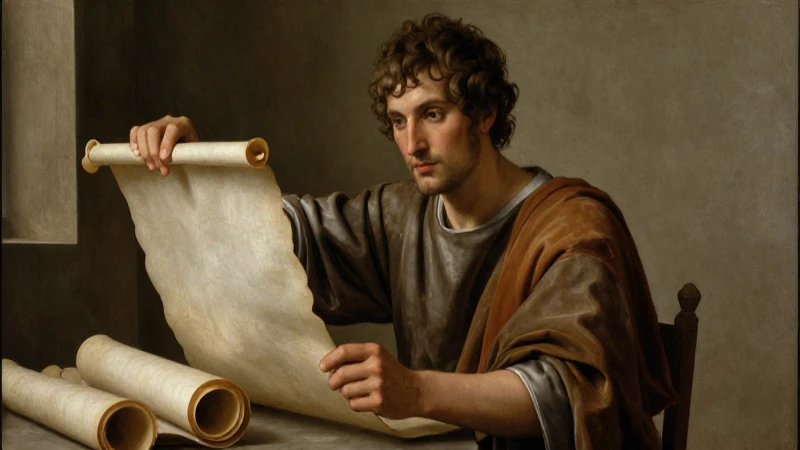 Joven erudito estudiando manuscritos antiguos con luz cálida
