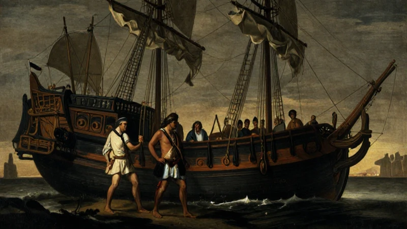 Pintura histórica con indígenas y galeón español