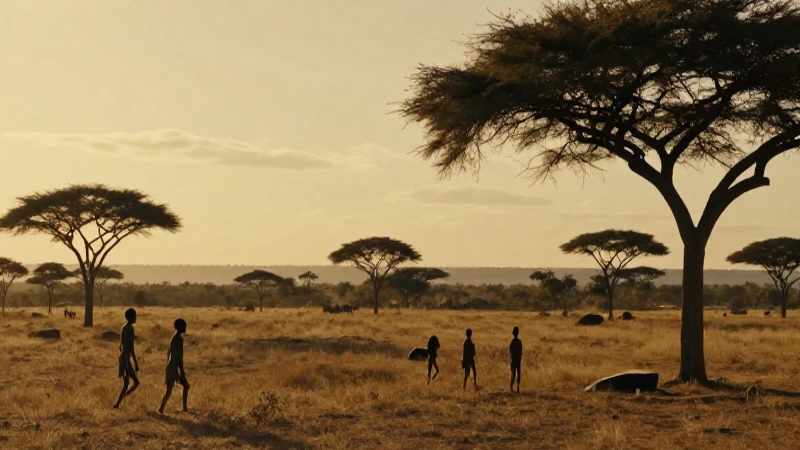 Ancestros humanos en la sabana al atardecer