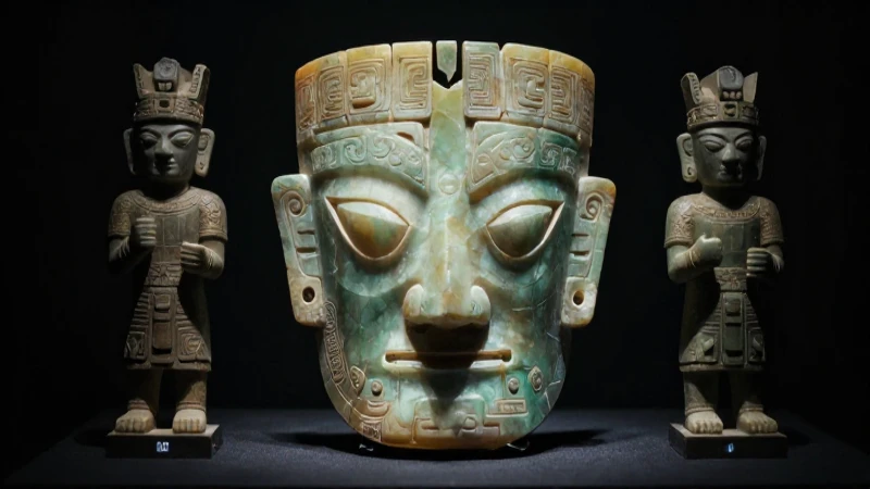Figuras mayas antiguas con máscara de jade