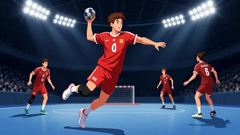 Jugadores de balonmano, acción dinámica e ilustrada