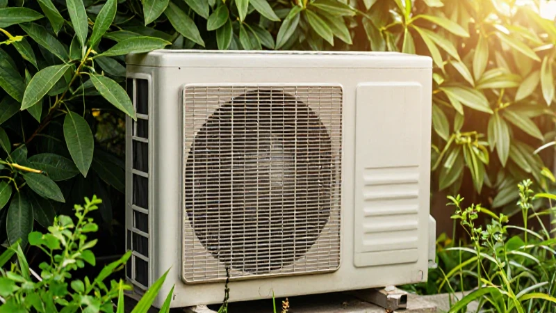 Aire acondicionado antiguo, vegetación y luz cálida