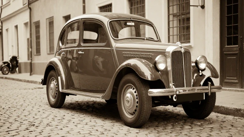 Coche antiguo eléctrico en calle adoquinada sepia